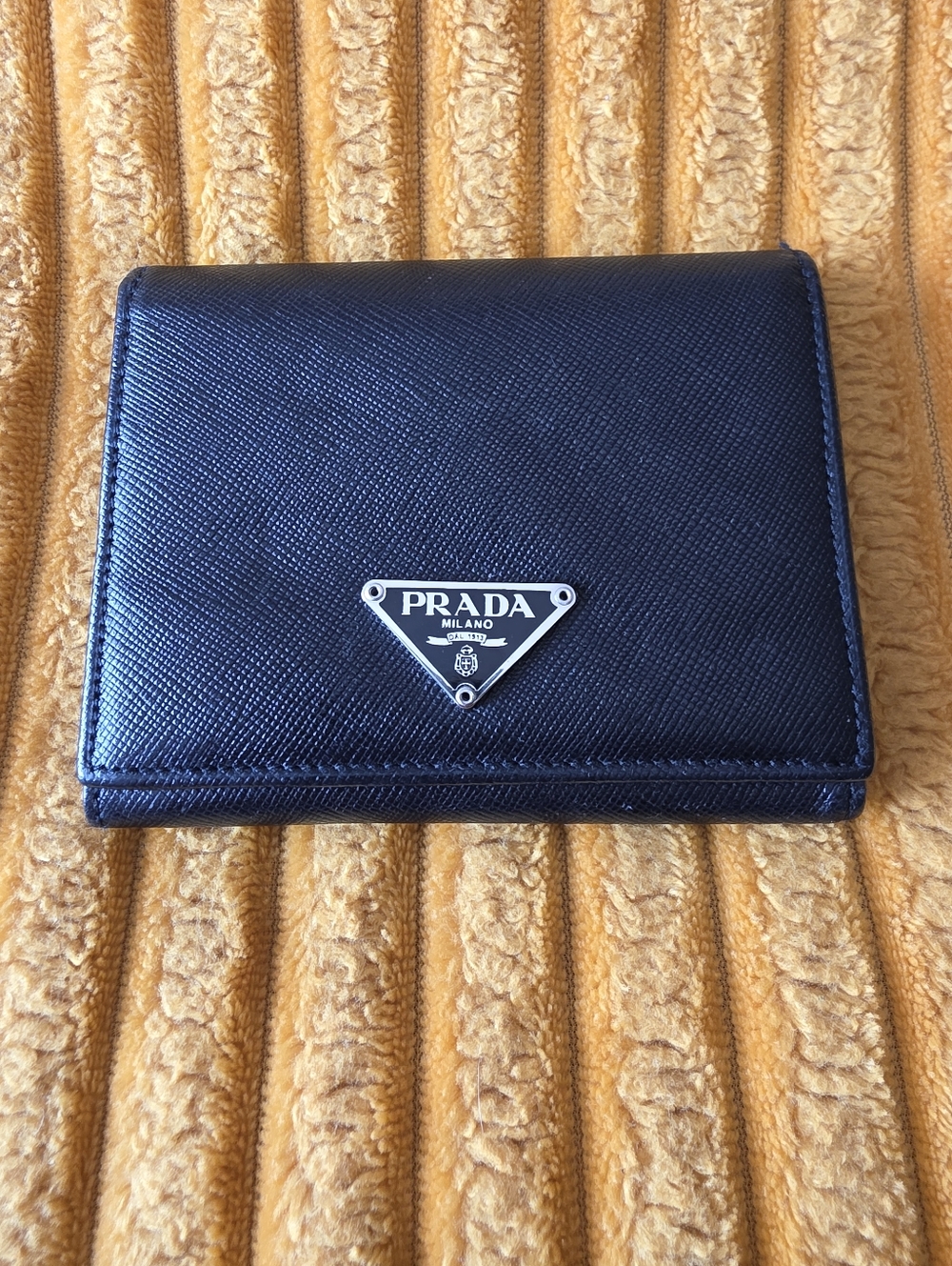 Prada Black Saffiano Leather Triangular Logo Compact Wallet
